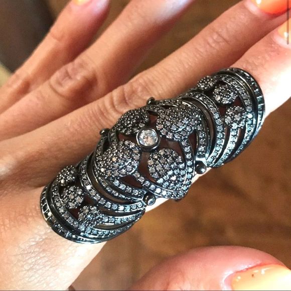 GORGEOUS SILVER GUNMETAL CZ COVERED JOINTED FULL FINGER SHIELD KNUCKLE RING NWT - Picture 9 of 11